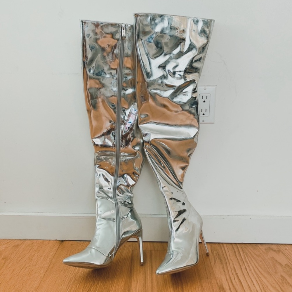 Over The Knee Metallic Silver Heel Boots